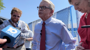 DeWine speaks to reporters at groundbreaking for State Fairground facilities on May 13, 2024.