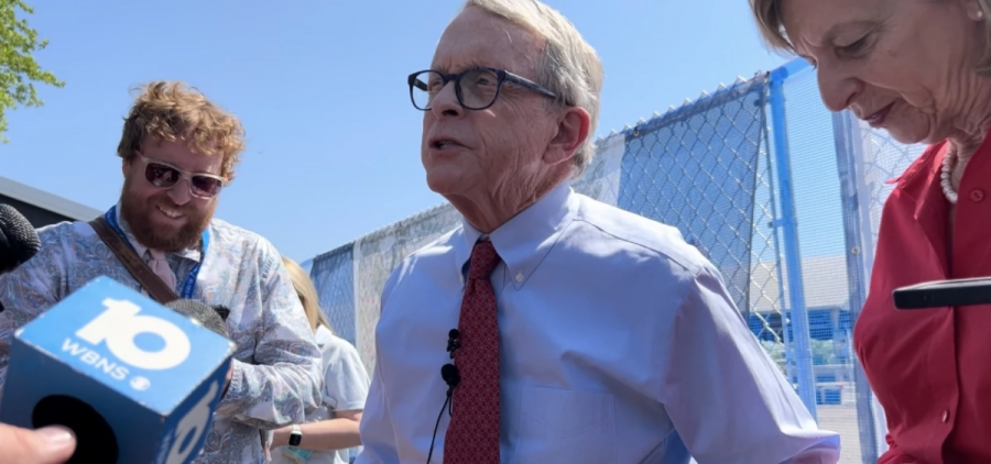 DeWine speaks to reporters at groundbreaking for State Fairground facilities on May 13, 2024.