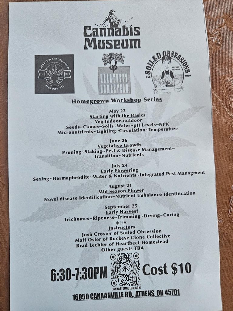 A flyer for the Cannabis Museum's cannabis growing workshops.