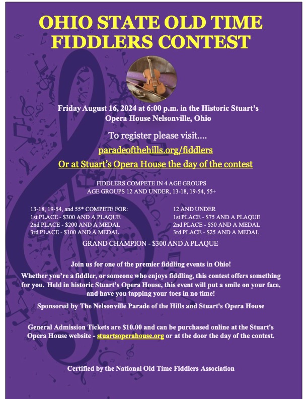 A flyer with the information about the upcoming 2024 Old Time Fiddler's Contest.