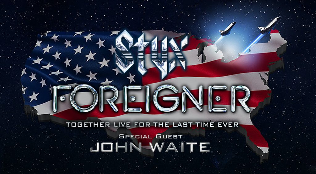 A promotional image for the current tour that Styx and Foreigner are on. The image includes the names of both bands over a picture of the outline of the U.S. 