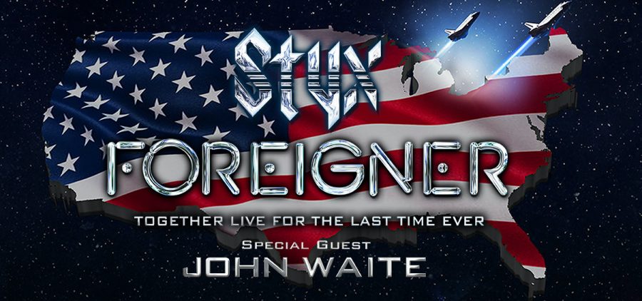 A promotional image for the current tour that Styx and Foreigner are on. The image includes the names of both bands over a picture of the outline of the U.S.