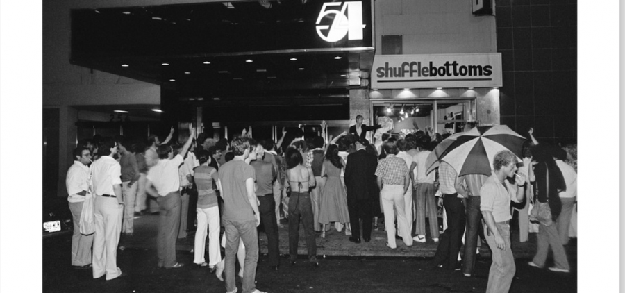 Studio 54 in 1979. large crowd with hands in the air. Credit: Bill Bernstein / BBC