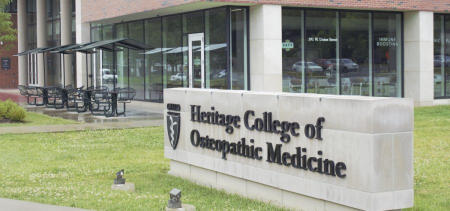The front of the Heritage College of Osteopathic Medicine as seen from West Union Street in Athens.