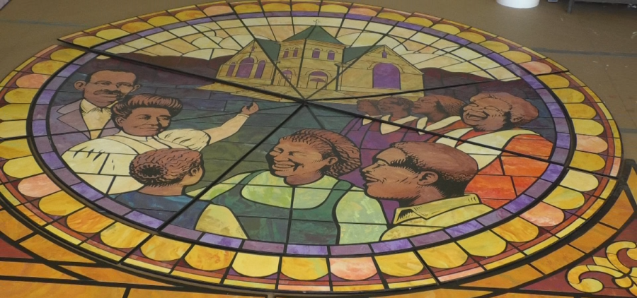 The top panel of a new mural for Mount Zion Baptist Church in Athens depicts the origins of the historic Black church.