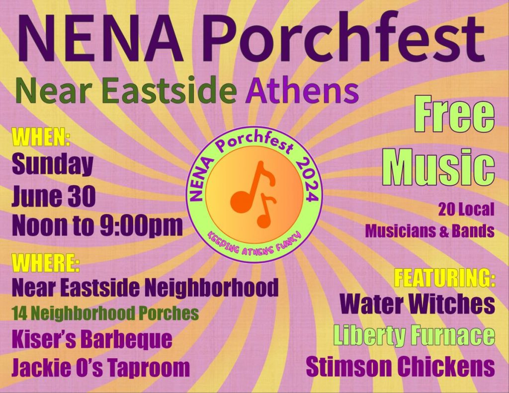 An image with the basic information about the Near Eastside Neighborhood Association Porchfest. 