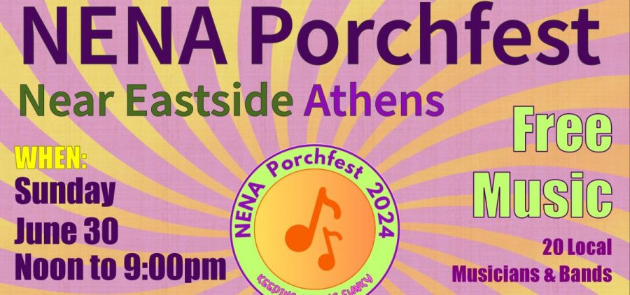 An image with the basic information about the Near Eastside Neighborhood Association Porchfest.