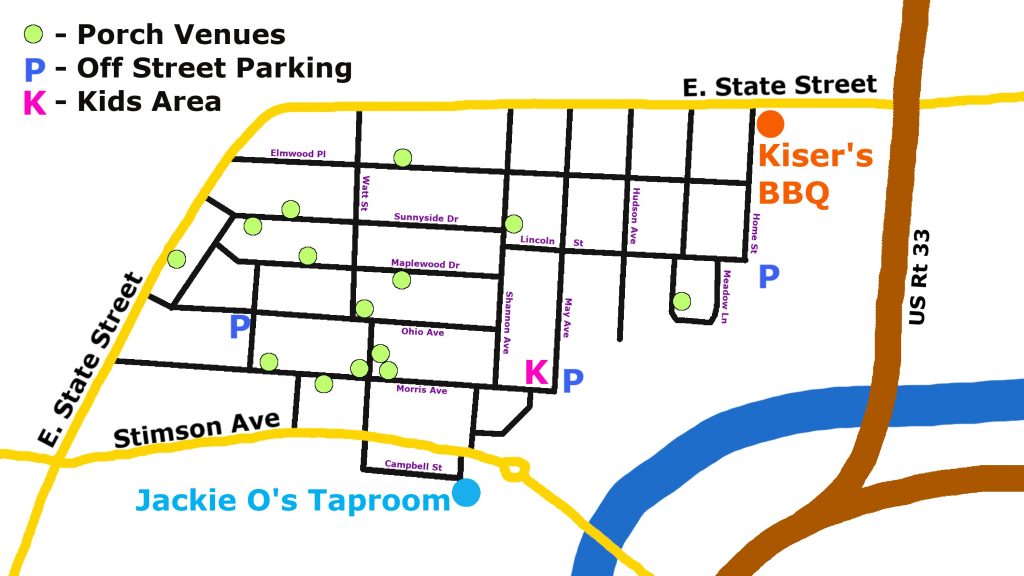 An map for the Near Eastside Neighborhood Association Porchfest. 