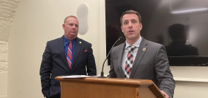 Reps. Tim Barhorst (R-Fort Laramie) and Ron Ferguson (R-Wintersville) introducing their bill on hospital prices in February 2023.