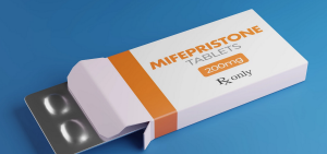 An image of Mifepristone in a box of blister packs of pills. 