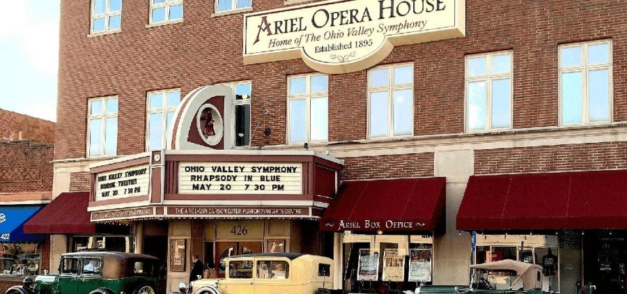 View of the Ariel Opera House in Gallipolis Ohio with Ohio Valley Symphony posting on the marque