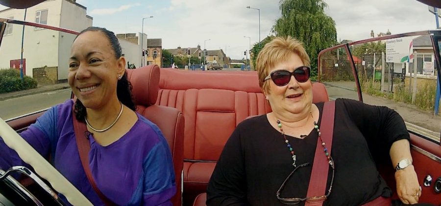 Baroness Oona King and Dame Jenni Murray in convertible car