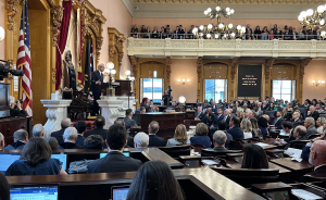 Ohio Governor Mike DeWine addresses a joint session in the Ohio House Chamber for his 2024 State Of The State address. 