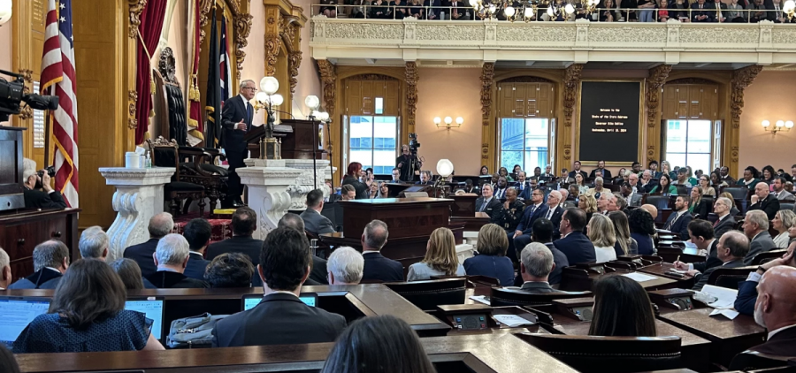 Ohio Governor Mike DeWine addresses a joint session in the Ohio House Chamber for his 2024 State Of The State address.