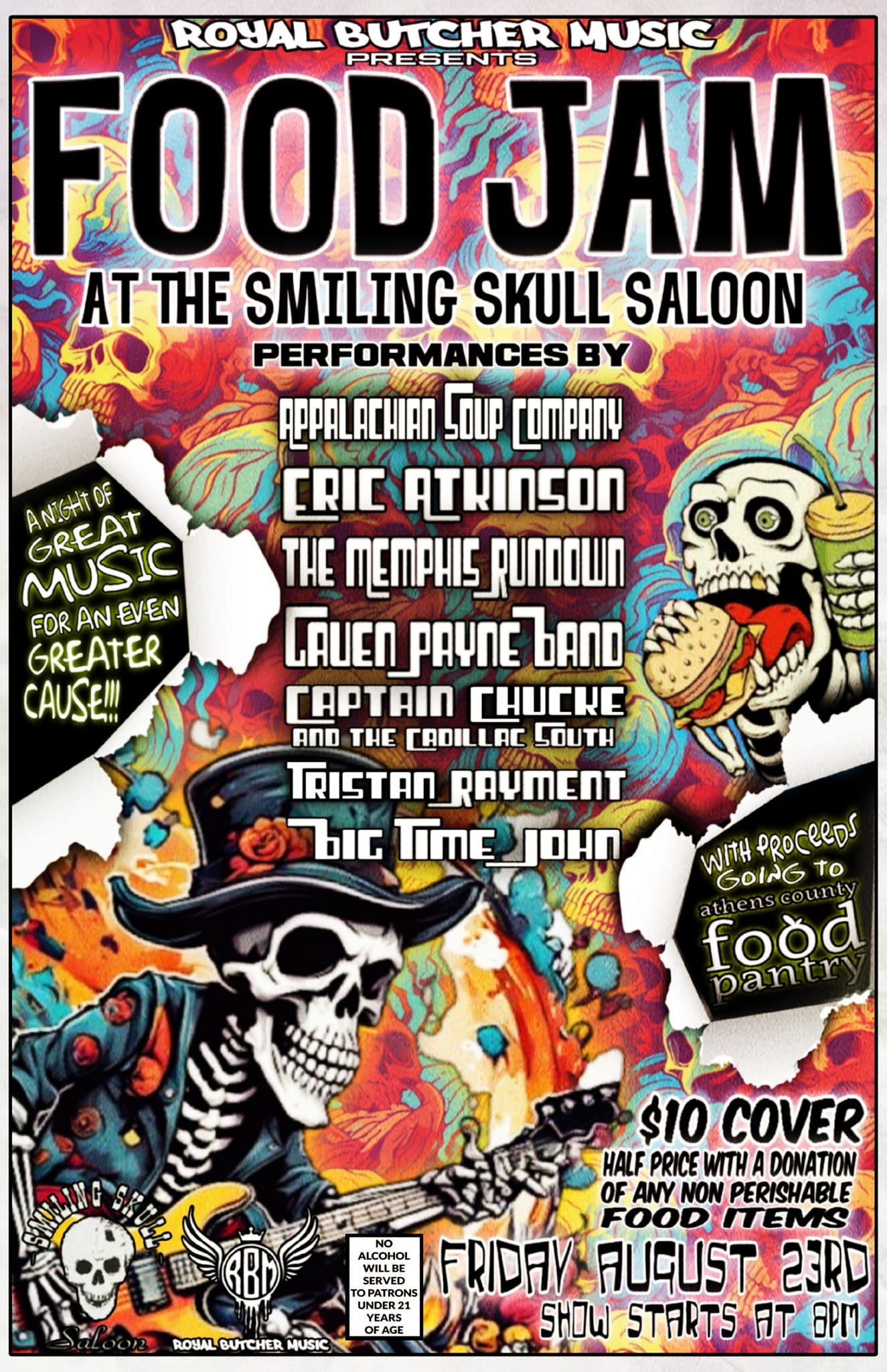 A poster advertising the lineup for Food Jam at the Smiling Skull.