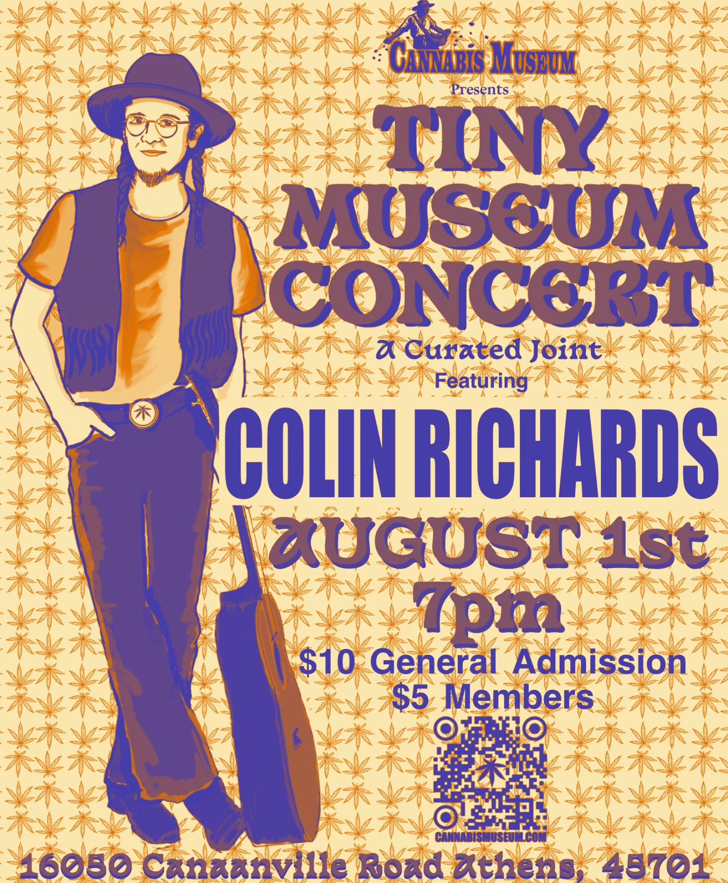 A flyer advertising the upcoming Tiny Museum Concert at the Cannabis Museum in Athens, OH. The concert is by Colin Richards.