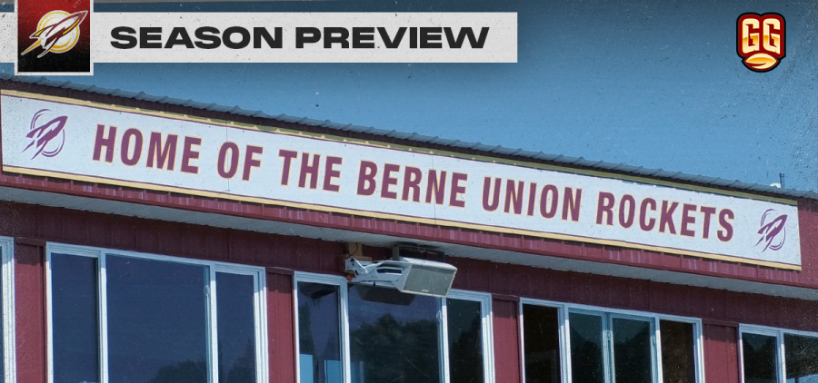 Sign that says "Home of the Berne Union Rockets" in red lettering at the top of the bleachers. Top left corner says "Season Preview" with a Berne Union logo.