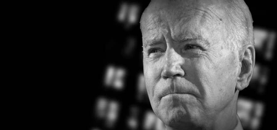 Black and white image of President Joe Biden with a determined look on his face