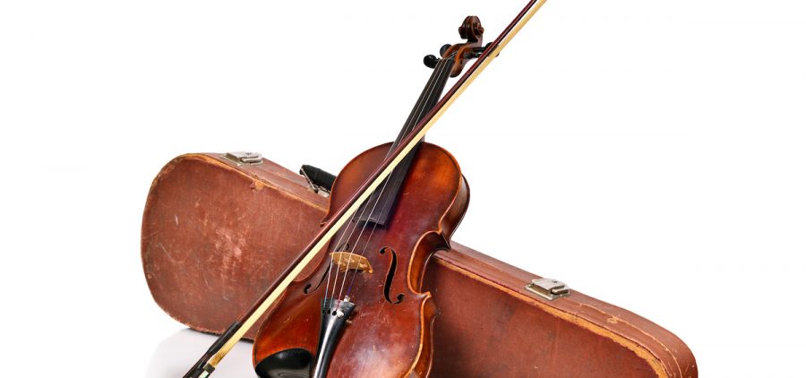 Antique fiddle-case and violin on a white background