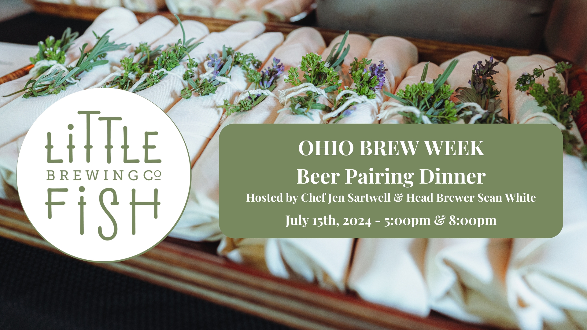 An image of a flyer for the Ohio Brew Week Beer Pairing Event. The background image is of cutlery sets wrapped in white napkins.