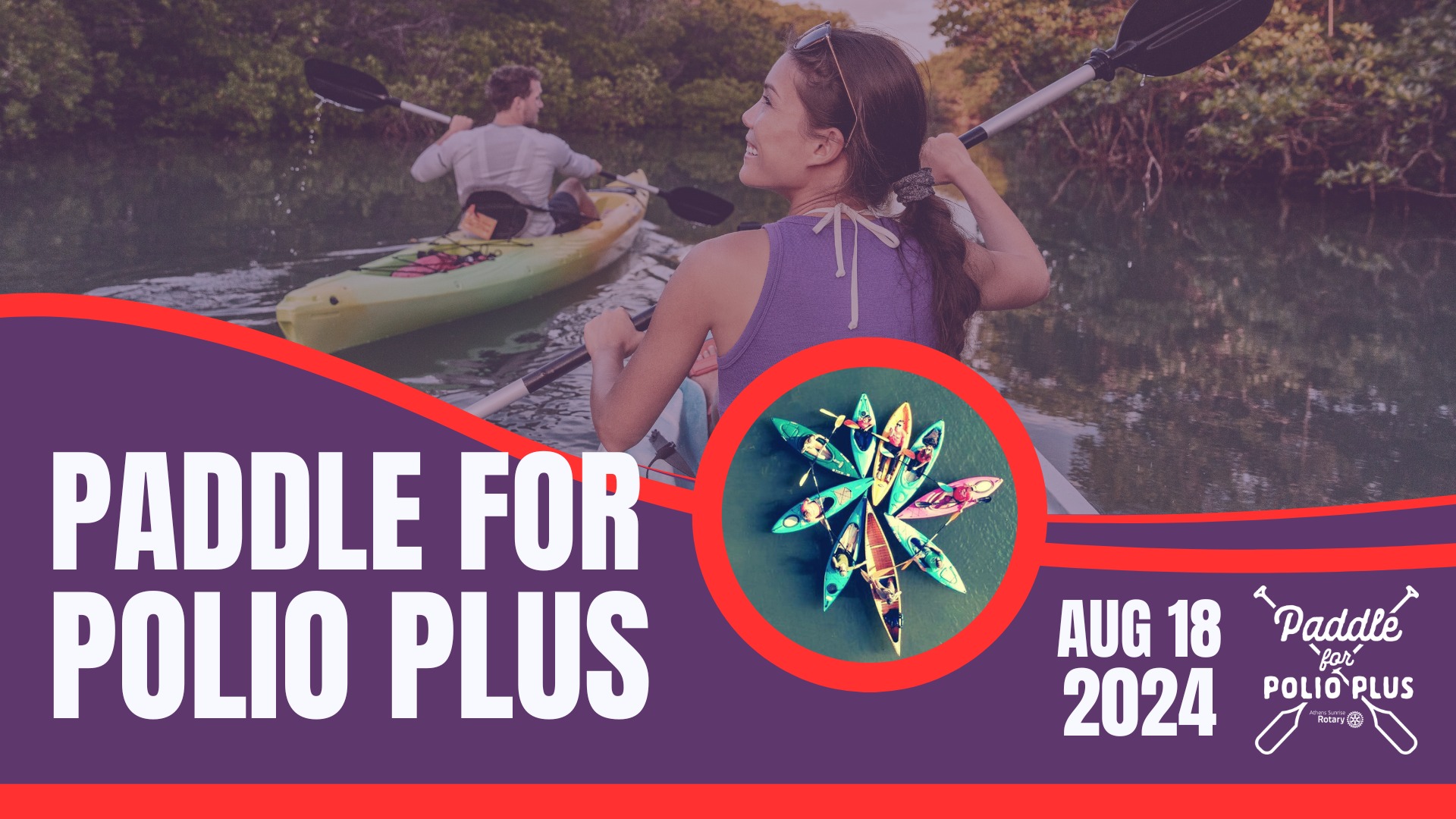 A promotional image for "Paddle for Polio Plus," and event being organized by the Athens Sunrise Rotary.