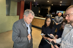 U.S. Sen. Sherrod Brown (D-OH) talks to reporters during an Ohio Democratic Party event on Saturday, July 13, 2024.