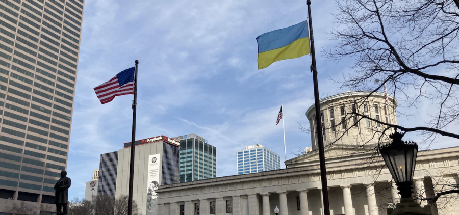 The Ukrainian flag flies at the Ohio Statehouse.