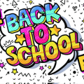 An image reading: Free Back to School Bash in colorful lettering against a background with a speech bubble.