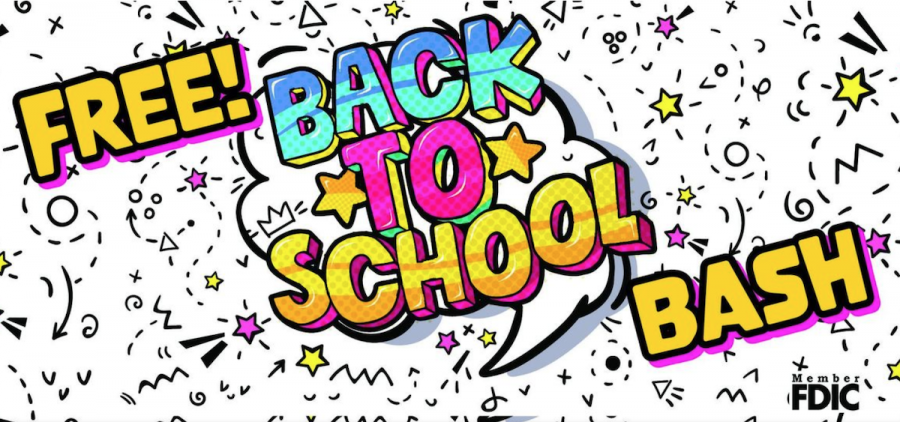 An image reading: Free Back to School Bash in colorful lettering against a background with a speech bubble.