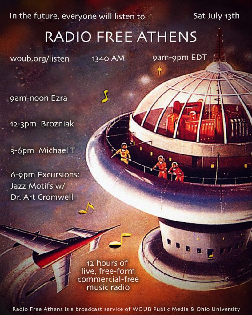 A graphic with information about the line up for Radio Free Athens July 13, 2024. 