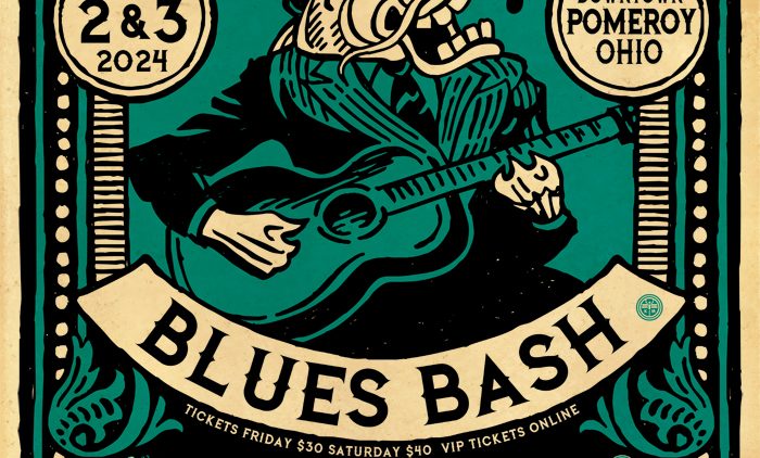 The poster for the 24th Annual Big Bend Blues Bash. It lists the names of performers and has a cartoon catfish playing a guitar depicted.