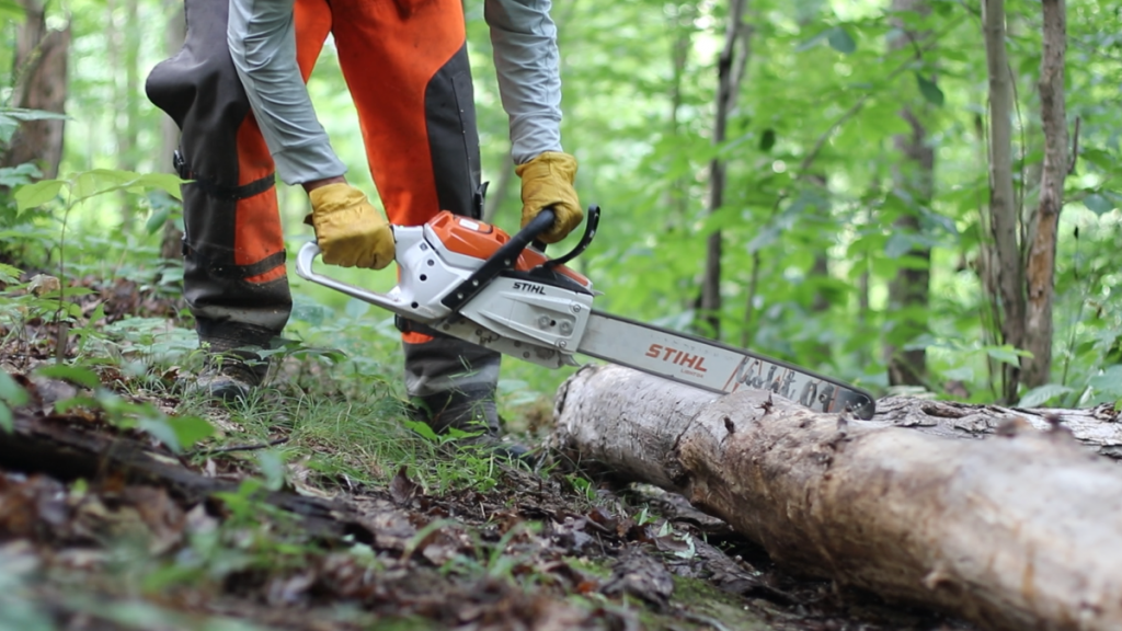 Paul Schulz cuts a fallen tree that blocks a bike trail path. 