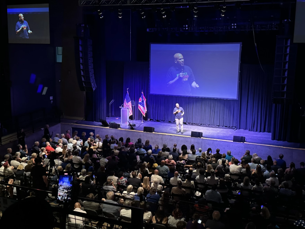 Sen. Corey Booker speaks to a crowd gathered at a theater in downtown Columbus.