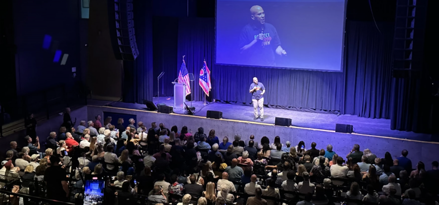 Sen. Corey Booker speaks to a crowd gathered at a theater in downtown Columbus.