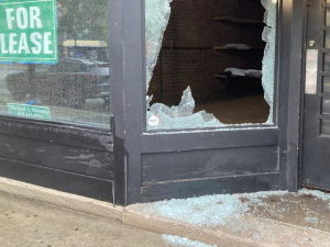 A shattered store window.