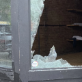 A shattered store window.