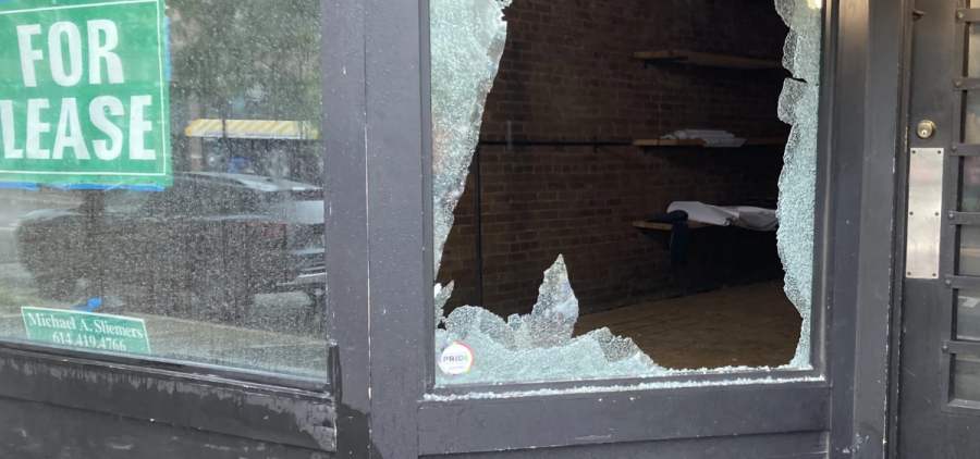 A shattered store window.
