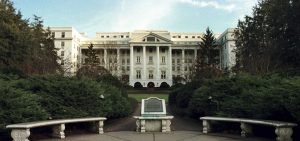 The Greenbrier Hotel, a five-star resort in White Sulphur Springs seen from the front.