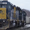 CSX locomotives sit at CSX North Framingham Yard, on Jan. 24, 2023, in Framingham, Mass.