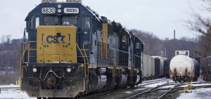 CSX locomotives sit at CSX North Framingham Yard, on Jan. 24, 2023, in Framingham, Mass.