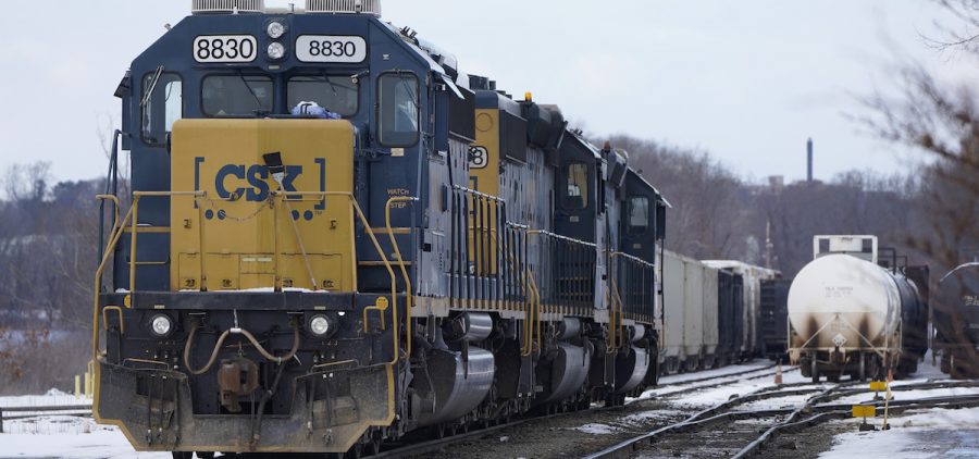 CSX locomotives sit at CSX North Framingham Yard, on Jan. 24, 2023, in Framingham, Mass.