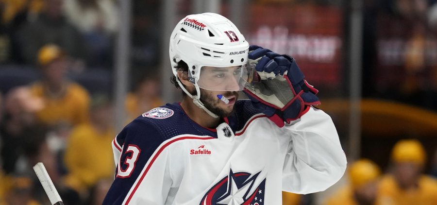 Columbus Blue Jackets' Johnny Gaudreau (13) plays against the Nashville Predators during the second period of an NHL hockey game