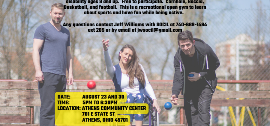 A flyer for Adaptive Sports events. The image on the flyer is of three people standing outside with sports balls of various types in the foreground of the picture.