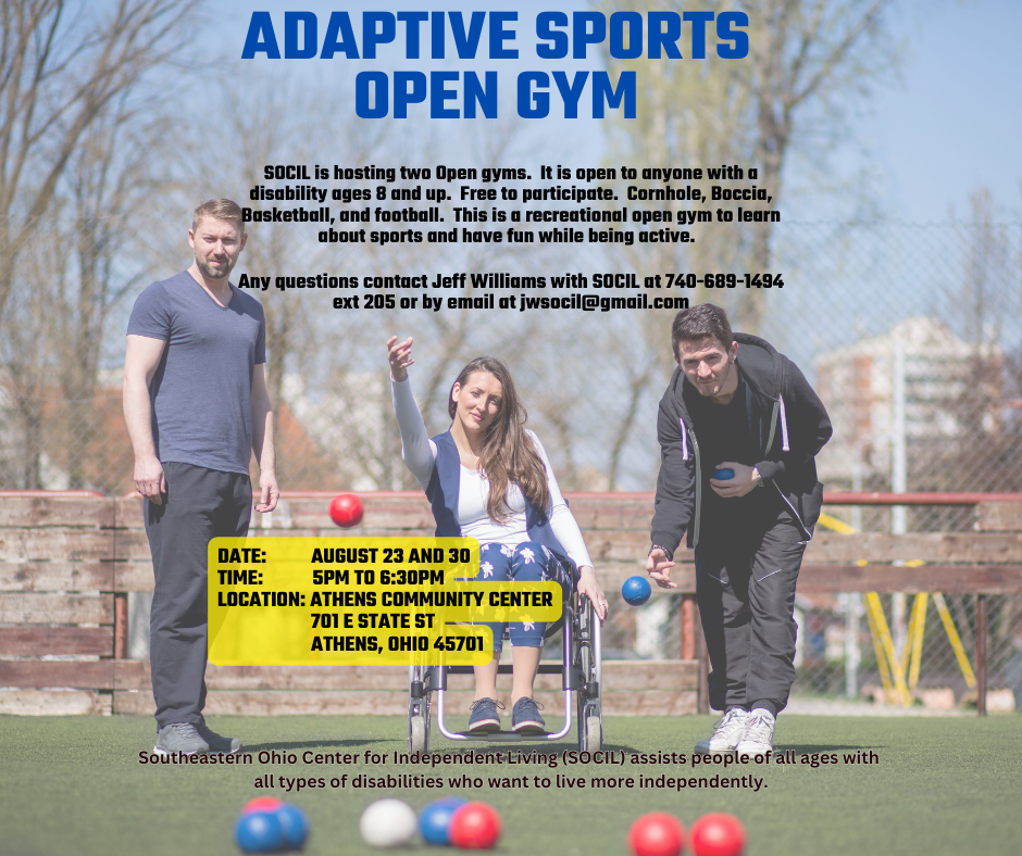 A flyer for Adaptive Sports events. The image on the flyer is of three people standing outside with sports balls of various types in the foreground of the picture.