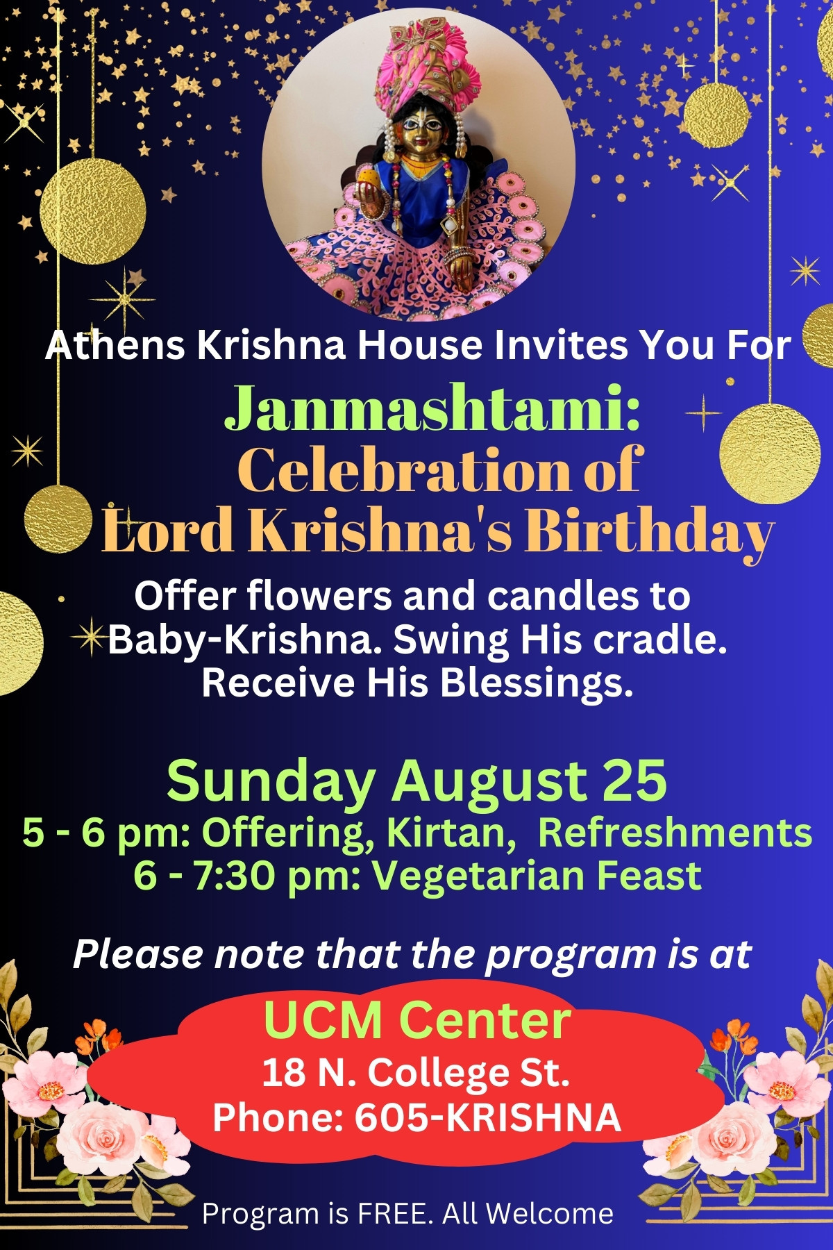 A flyer advertising an event for Athens Krishna House.