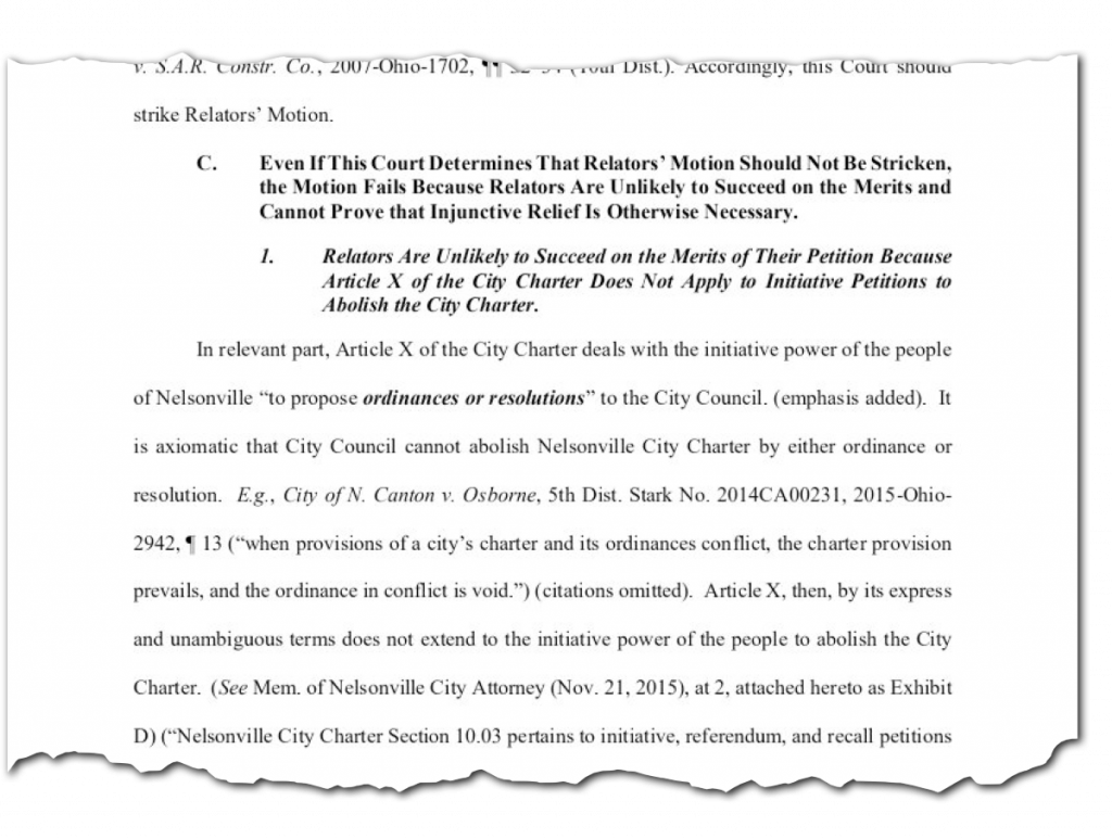 An excerpt of a filing by attorneys representing Nelsonville City Council. The filing argues that the Nelsonville charter does not enable residents to create a petition ending said charter.