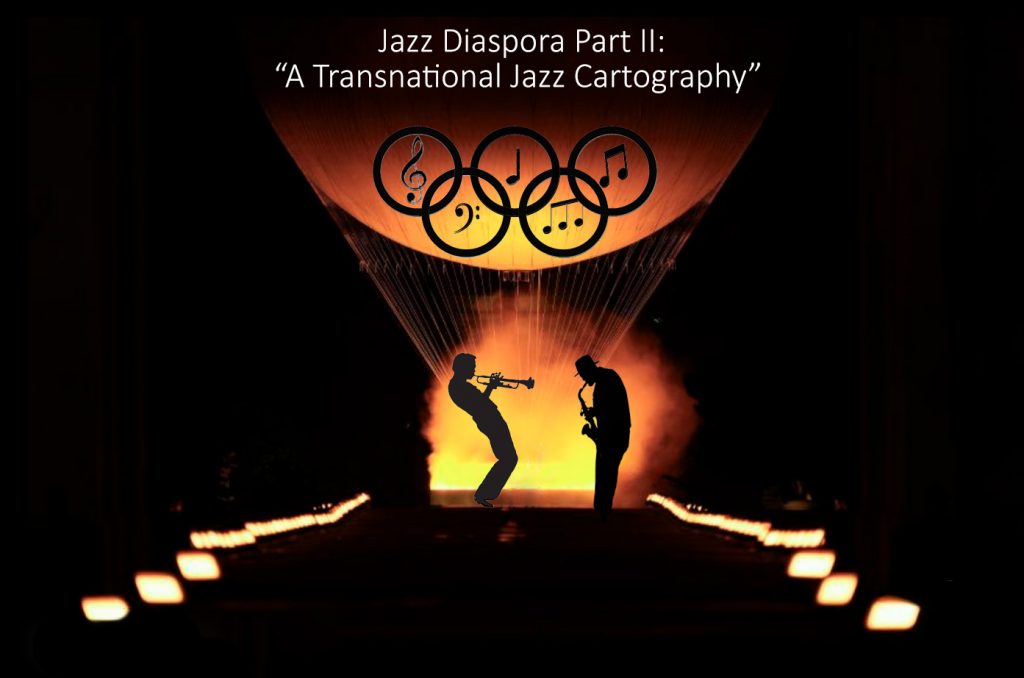 An image of the silhouette of two people playing trumpets against 