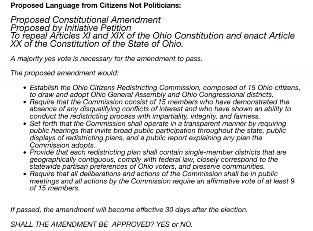 Proposed language submitted by Citizens Not Politicians for the summary of the constitutional amendment to reform redistricting that will be on the Ohio ballot this November