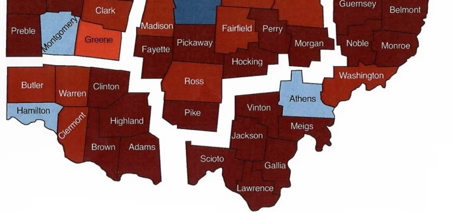 A map of Ohio counties shows how they vote in elections with red and blue indicators