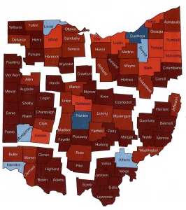 A map of Ohio counties shows how they vote in elections with red and blue indicators